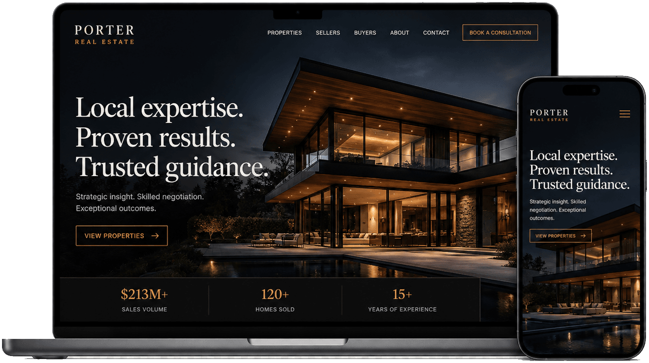 Real estate website mockup displayed on a laptop and phone